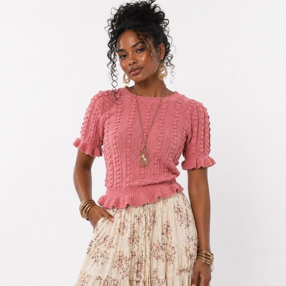 70s Vintage Pink Peplum Sweater Womens S Puff Sleeve Crop Knit Top Cottagecore
